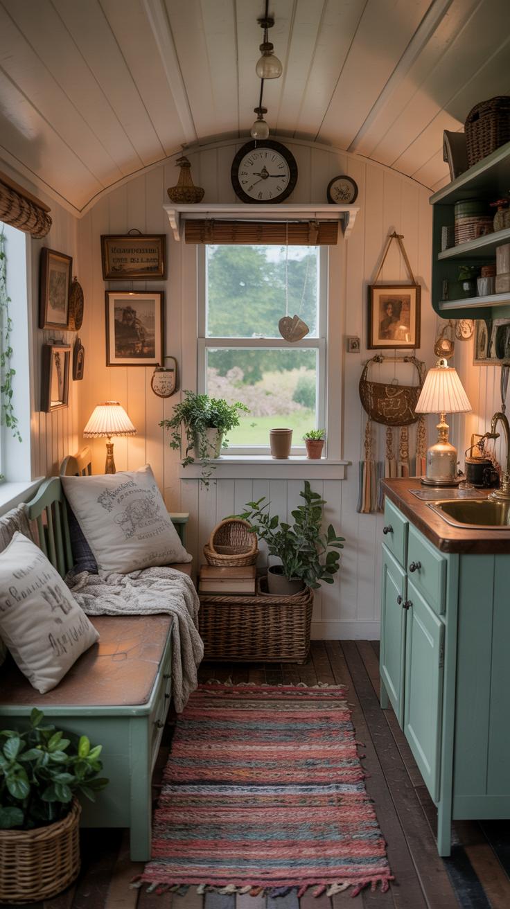 Charming tiny house interior inspired by an English country cottage with vintage furniture, antique decor, exposed wood, and cozy layered textiles.