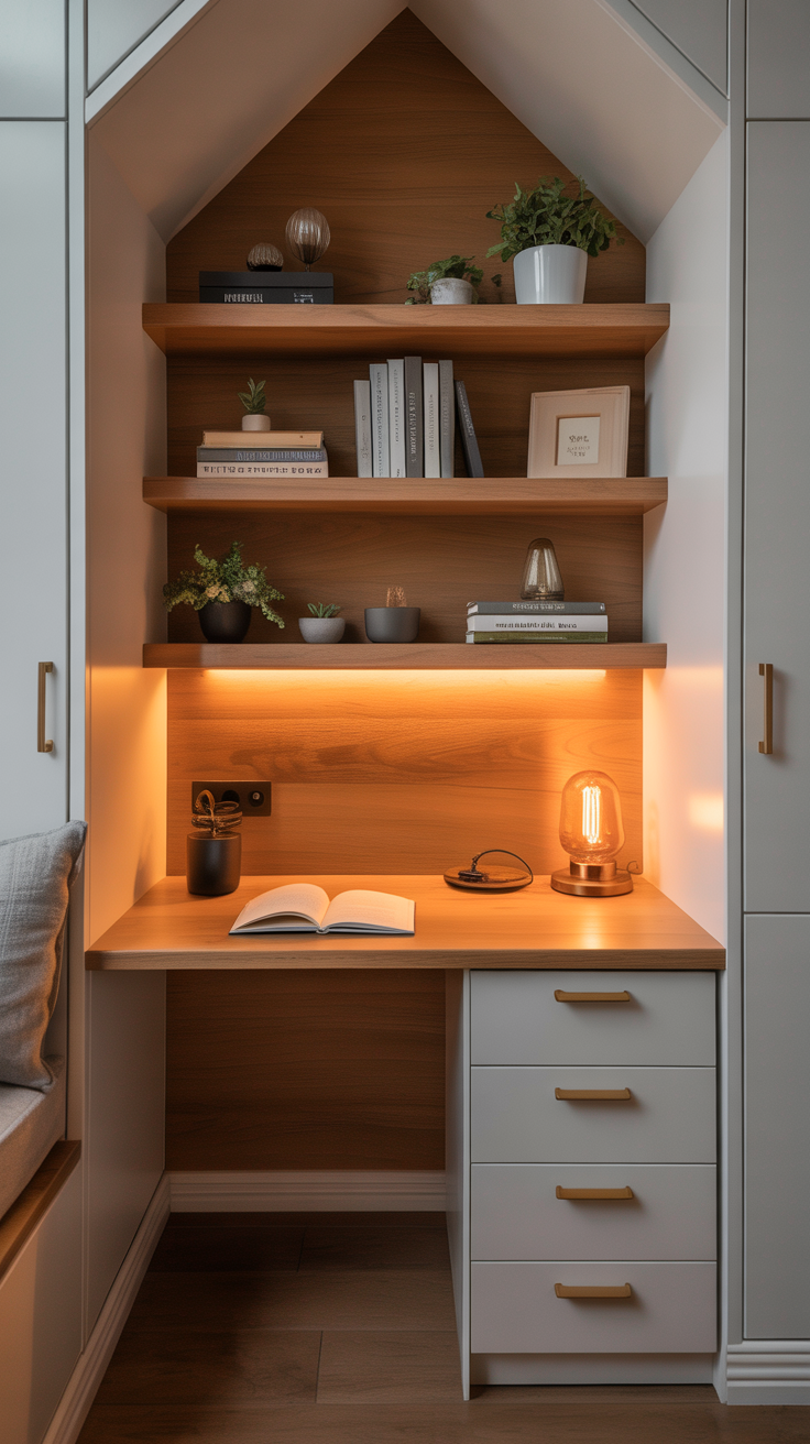 Built in tiny house office nook inside a narrow alcove with wood desk, floating shelves, drawers, and warm lighting.