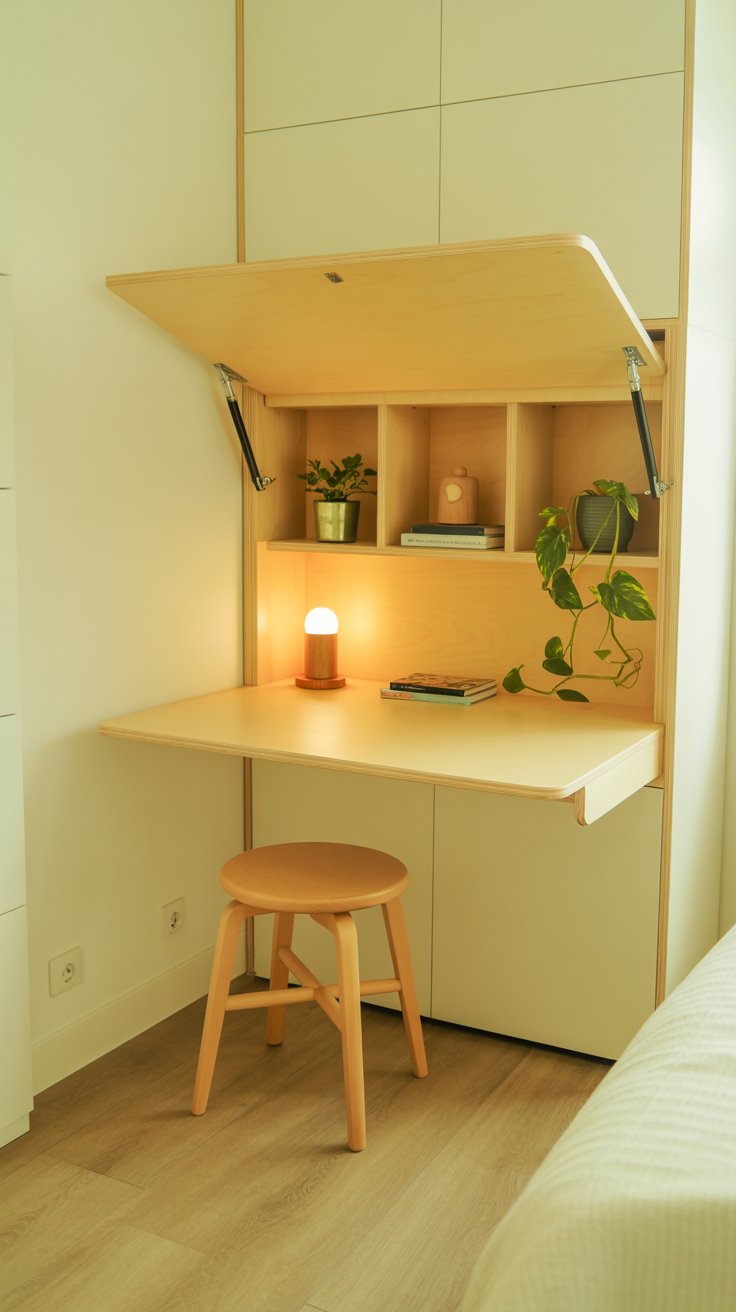 Space saving fold down wall desk in a tiny house with hidden storage compartments, compact stool, and minimalist decor.