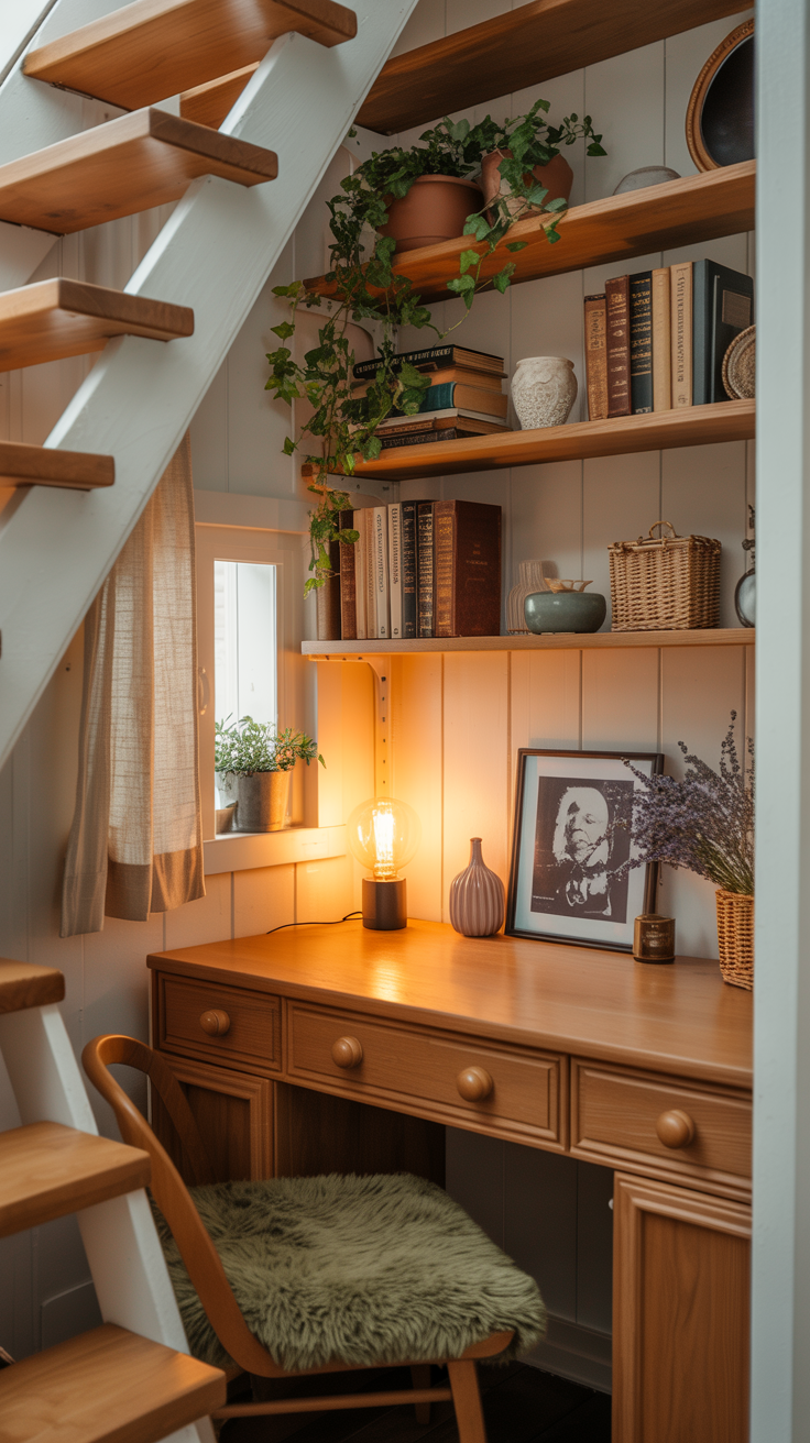 Cozy tiny house office nook beneath a staircase with built in desk, drawers, shelves, and warm cottage style decor.