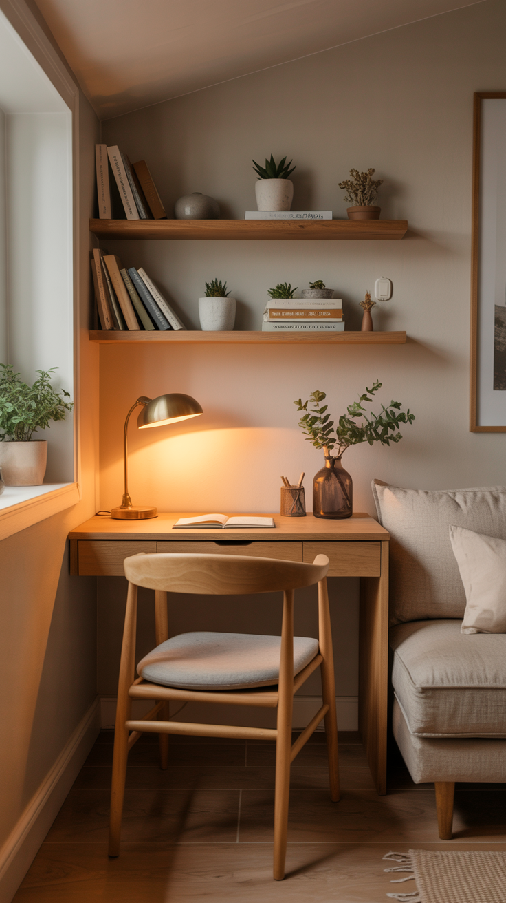 Tiny house office nook with a slim wooden desk positioned behind a sofa, compact chair, lamp, and wall shelves.