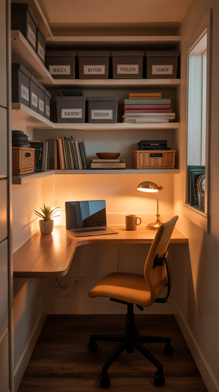 Compact corner office nook in a tiny house with an L shaped desk, tall wall shelves, small chair, and organized storage.