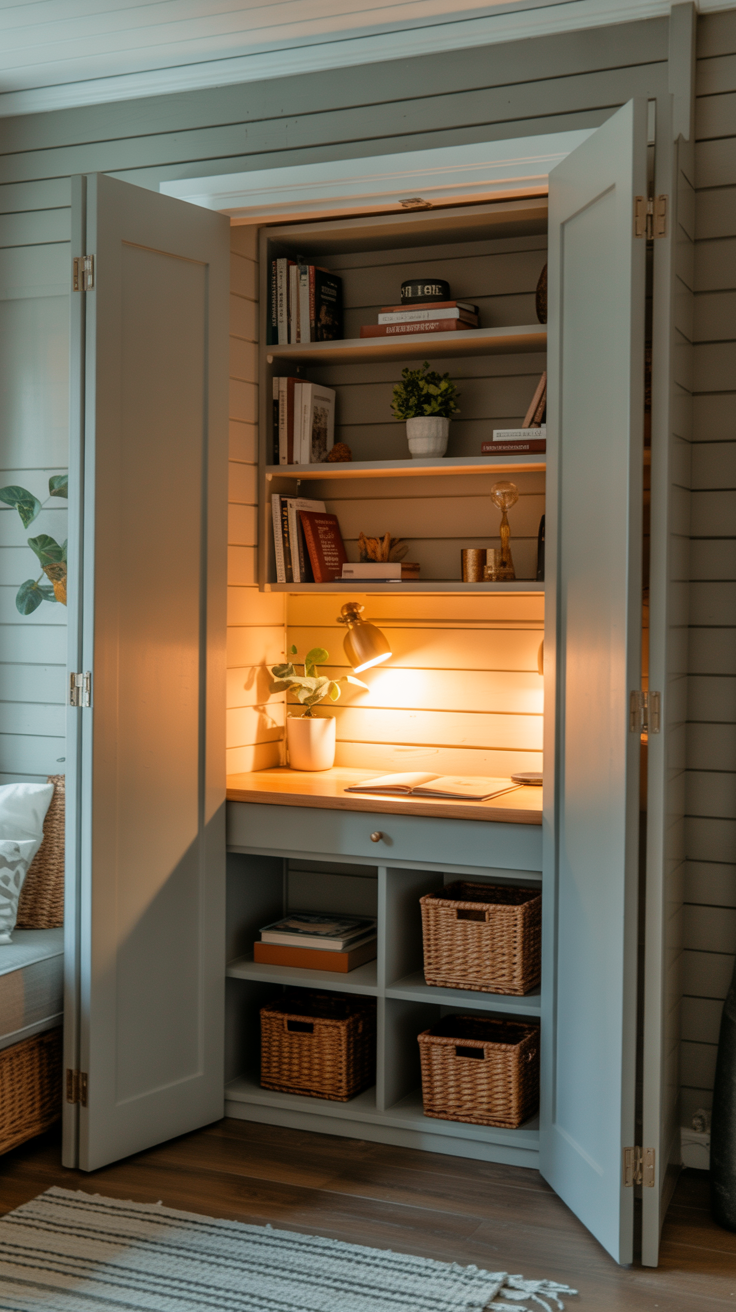 Tiny house closet office with built in desk, shelves, task lighting, storage baskets, and doors that close to hide the workspace.