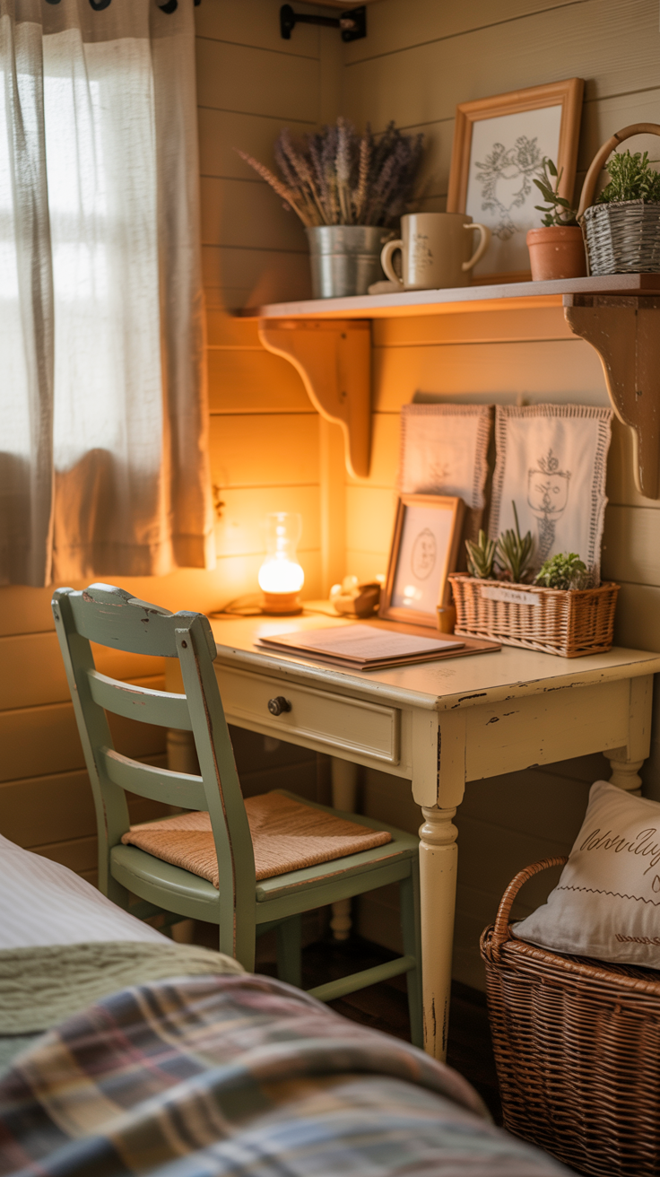 Cozy tiny house bedroom office nook with a small vintage desk beside the bed, painted wood chair, wall shelf, and cottage decor.