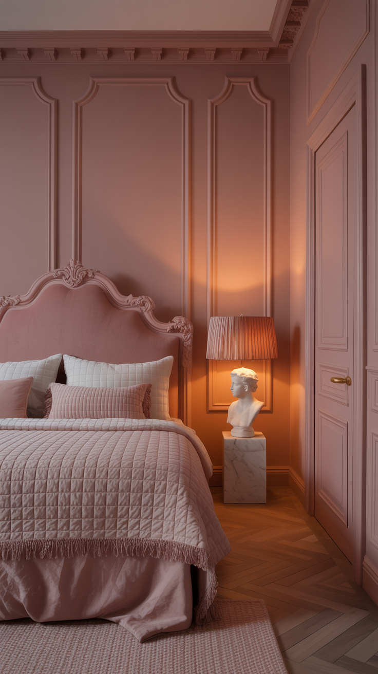 Wide, monochrome blush bedroom: walls, crown, doors, and radiator painted a single velvety blush tone; overscale Rococo headboard upholstered in tonal pink velvet as the focal point; carved boiserie molding casting gentle shadows; brushed champagne hardware on minimalist casegoods; low pleated silk lampshade glowing warmly at night; matelassé coverlet, quilted shams, fringe-trim lumbar on the bed; pale herringbone wood floor with a blush micro-pattern rug; single marble plinth with a classical bust; straight-on, softly lit evening ambiance.