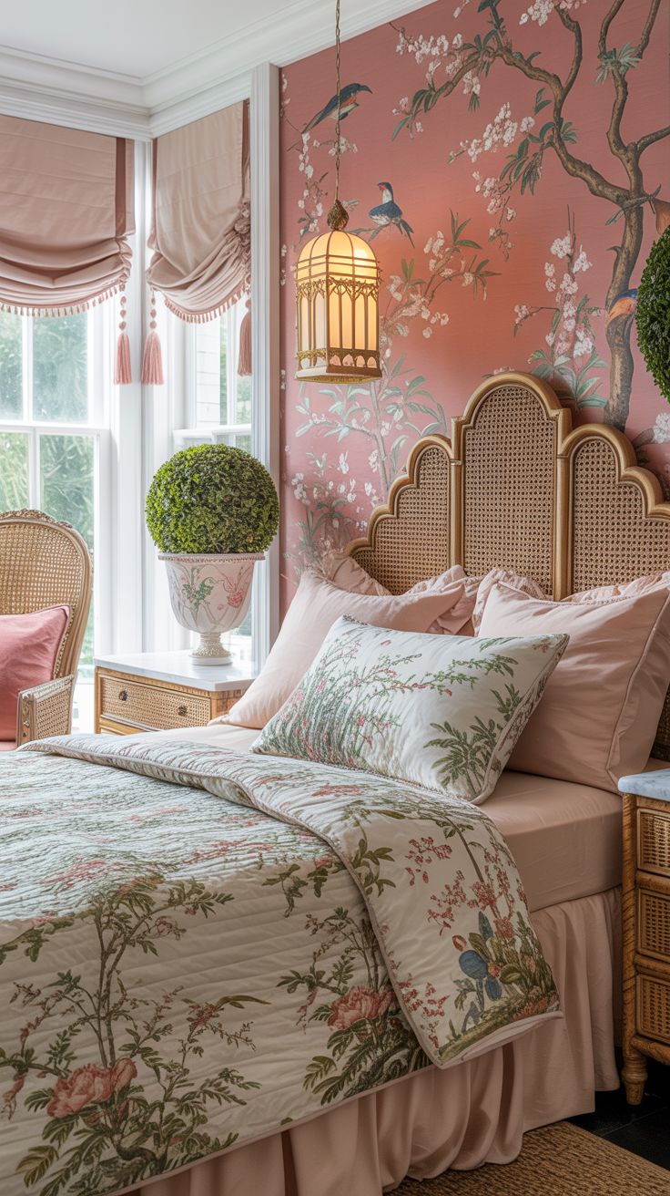 Medium corner shot of garden Rococo charm: pink chinoiserie wallpaper with birds and blossoms; painted cane bed in antique white with a scalloped silhouette; wicker nightstands with brass pulls; botanical-print quilt layered over blush percale sheets; gilt pagoda lantern pendant above; curved-back wicker chair with a rose velvet cushion; Roman shades in blush silk secured with tassel cords; potted topiaries in painted urns flanking a dresser; bright daytime light, fresh spring mood.