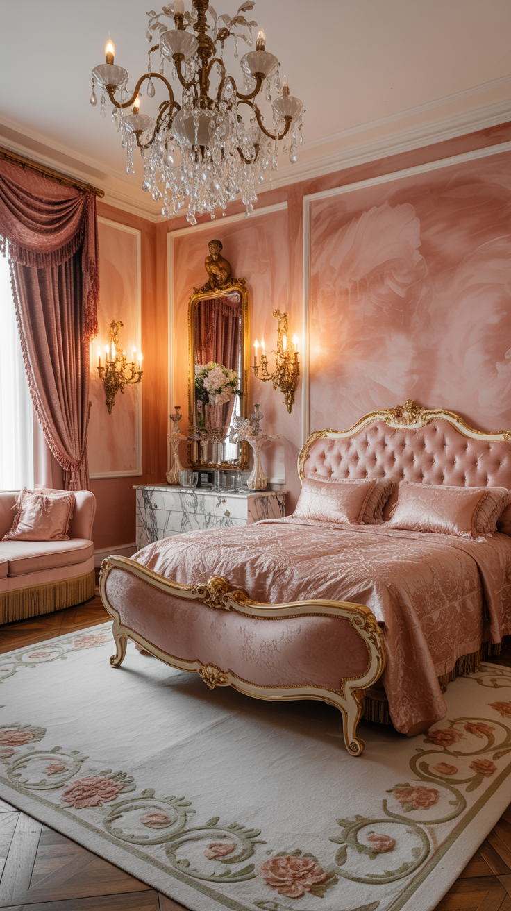 Opulent wide suite view in rose and pearl: rose-tinted Venetian plaster walls glowing; pearl-inlaid bed frame with curving gilded edges and a tufted rose-silk headboard; marble-topped serpentine dresser; silk-fringe chaise in dusty pink; floor-length velvet drapes with bullion fringe; Murano glass chandelier dripping with blush and clear drops; silk coverlet, embroidered sheets, cashmere throw; pale ivory rug with scrolling floral border in rose and sage; gilt cherub sconces, trumeau mirror, tray of crystal decanters; golden-hour lighting for luxurious sheen, straight-on grandeur.