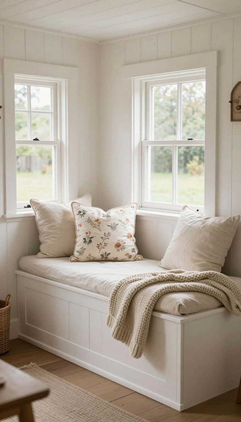 Tiny cottage living room with a built in window seat, hidden storage drawers, linen cushions, and warm country cottage decor
