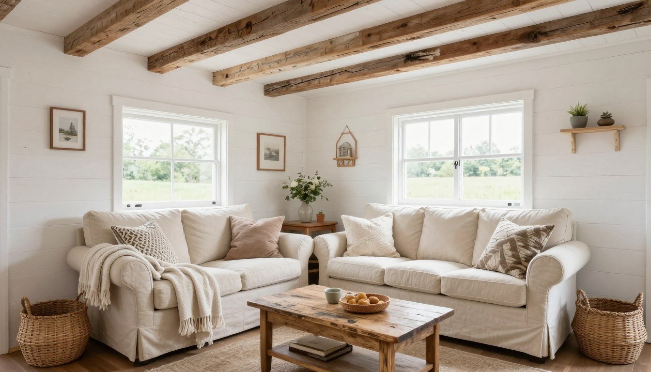 Shabby chic tiny house living room with whitewashed walls, distressed wooden beams, vintage furniture, and soft neutral decor