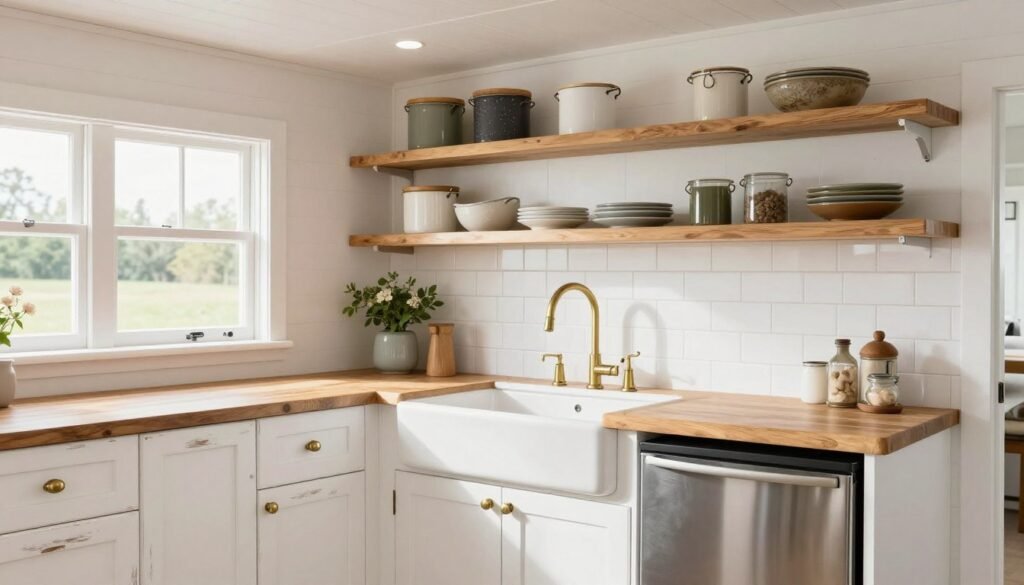 Modern country shabby chic tiny house kitchen blending contemporary function with vintage cottage aesthetic