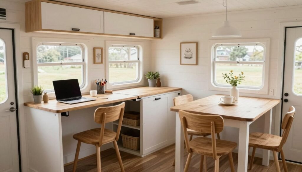 Multipurpose tiny house space with a workspace that converts into a dining area using adaptable furniture