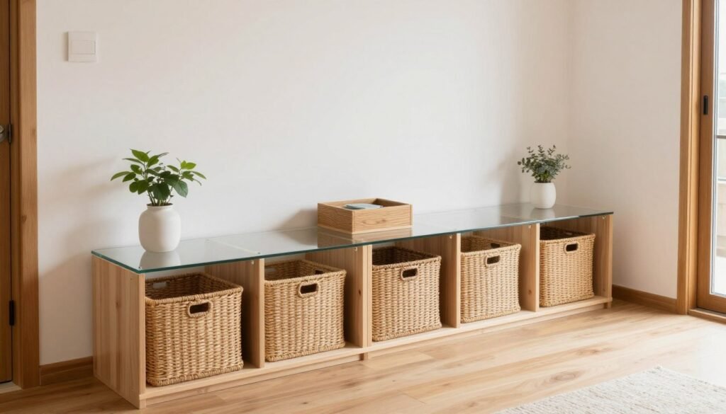 Organised tiny cottage living room showing functional furniture with hidden storage and clear surfaces
