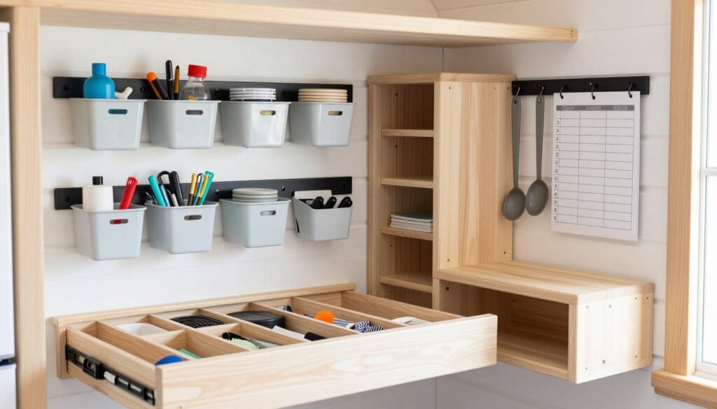 Organized tiny house workspace with labelled containers, drawer dividers, wall storage, and a simple weekly reset system