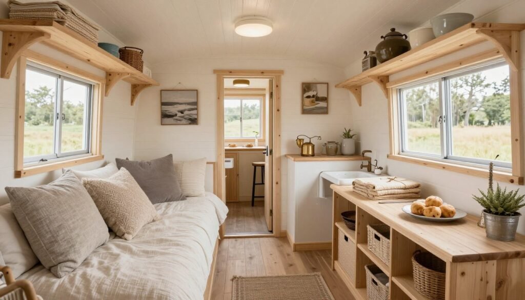 Tiny house cottage interior showing coordinated colours, natural materials, practical storage, and cosy layered styling