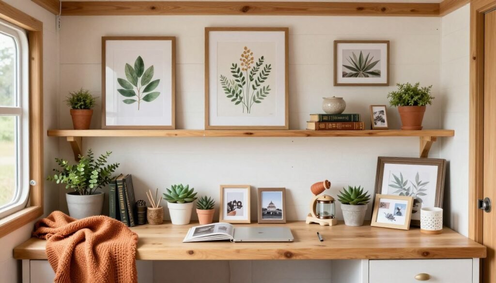 Personalized tiny house workspace with artwork, plants, meaningful decor, and cottage-inspired styling