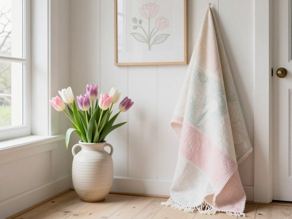 Tiny cottage interior decorated with seasonal flowers, natural foliage, and cosy textiles