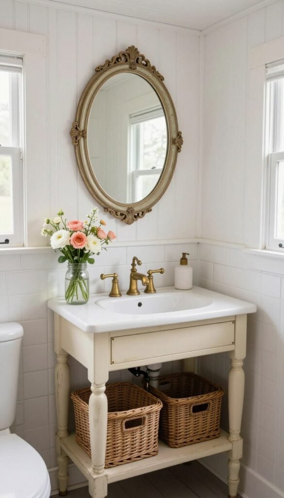 Shabby chic tiny house bathroom with beadboard walls, antique vanity, brass taps, wicker baskets, and vintage mirrors