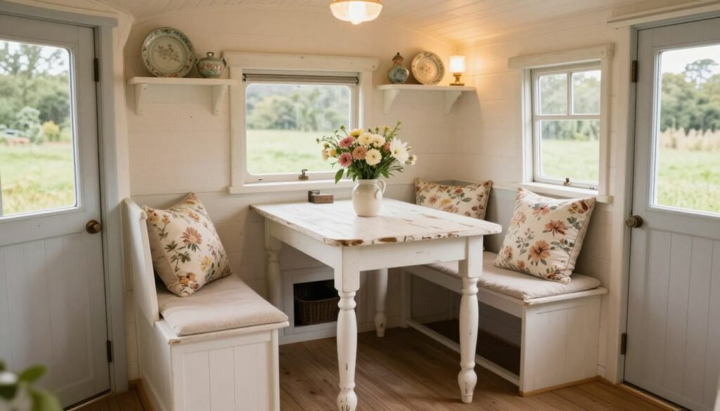 Shabby chic tiny house dining nook with a distressed farmhouse table, painted bench seating, floral cushions, and vintage cottage decor