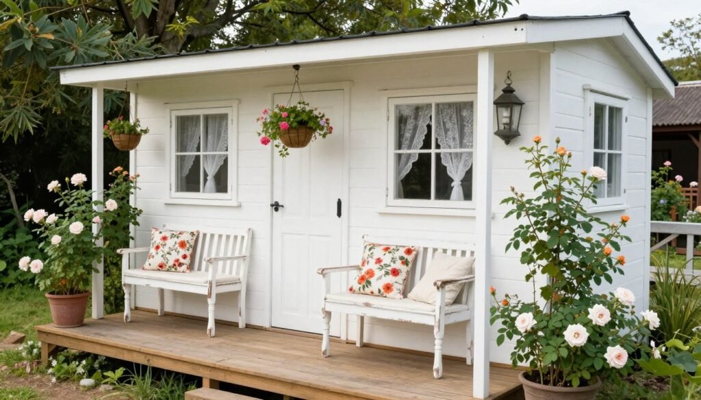 Shabby chic tiny house exterior with vintage outdoor furniture on wooden deck and cottage garden