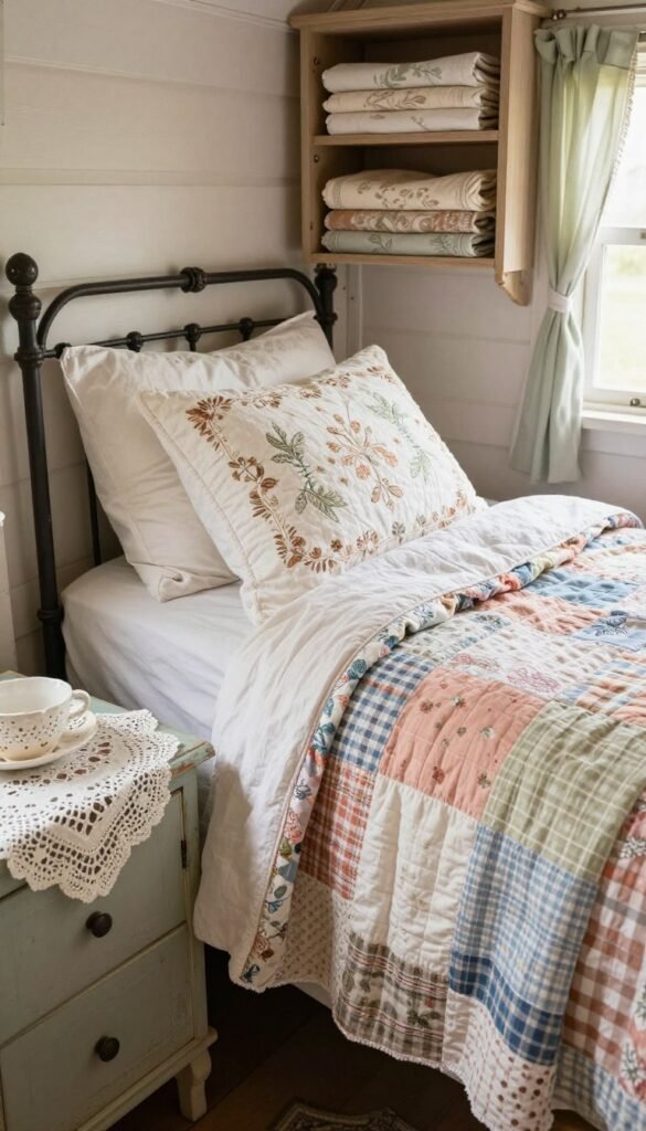 Shabby chic tiny house interior with vintage quilts, embroidered linens, lace doilies, and antique textile displays