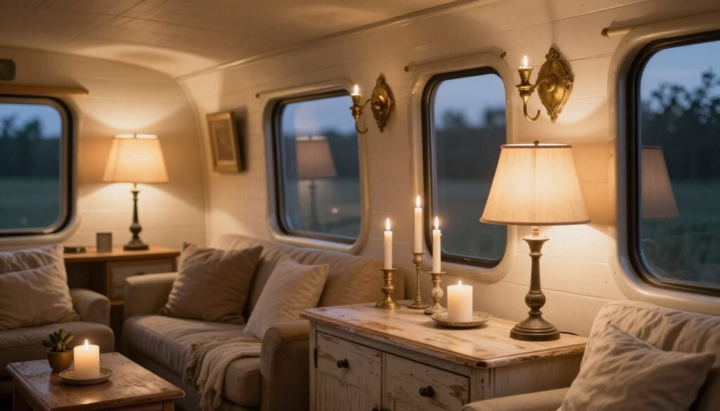 Shabby chic tiny house interior with vintage table lamps, wall sconces, candles, and warm ambient lighting