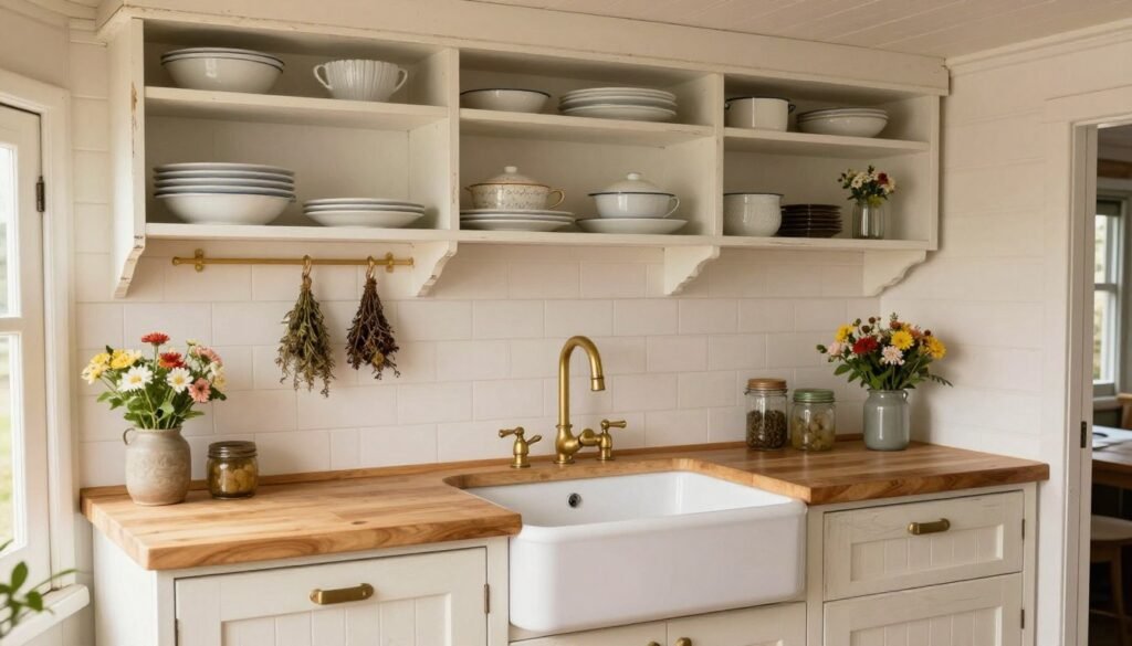 Shabby chic tiny house kitchen with distressed open shelves, vintage crockery, farmhouse sink, and floral accents