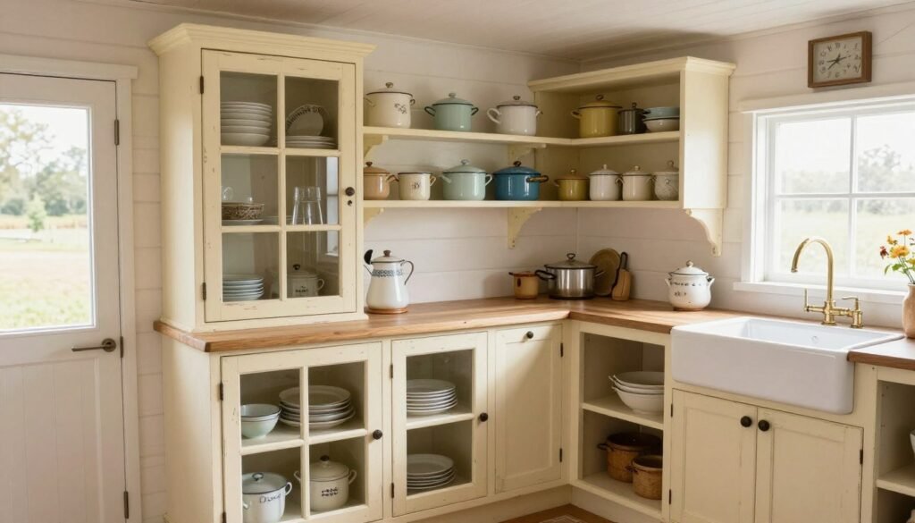 Shabby chic tiny house kitchen with painted glass-front cabinets displaying vintage dishes and cottage decor