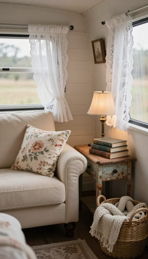 Shabby chic tiny house reading nook with upholstered armchair, antique side table, lace curtains, and vintage books