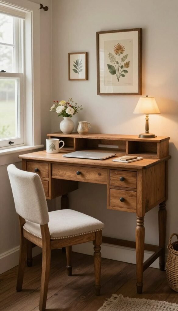 Small vintage wooden writing desk in a tiny house with drawers, botanical artwork, warm lighting, and country cottage styling