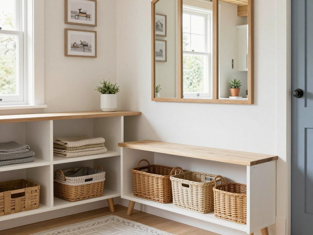 Tiny house cottage interior with clever storage, space-saving furniture, natural light, and layered textures