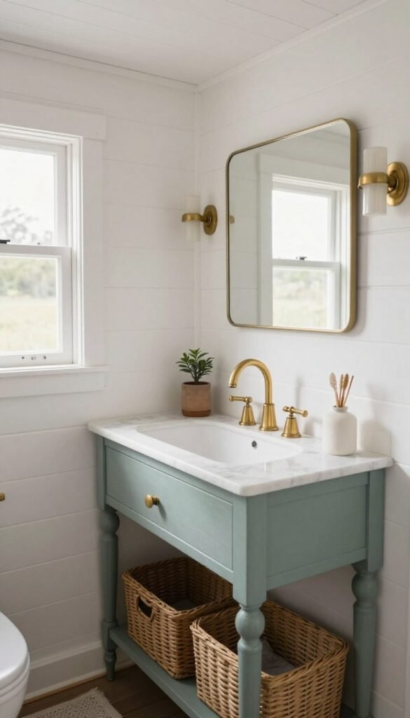 Tiny cottage bathroom with white beadboard walls, vintage vanity, brass fixtures, woven baskets, and soft neutral decor