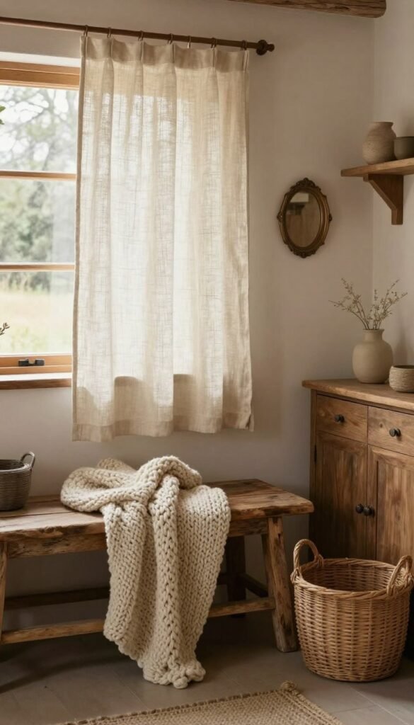 Tiny cottage decorated with linen curtains, wool blankets, woven baskets, rustic wood furniture, and cozy neutral textures