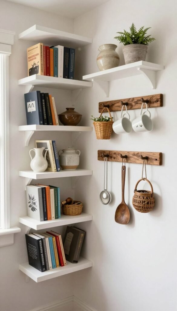 Tiny cottage interior with floating shelves, wall hooks, peg rails, and vertical storage maximising every inch