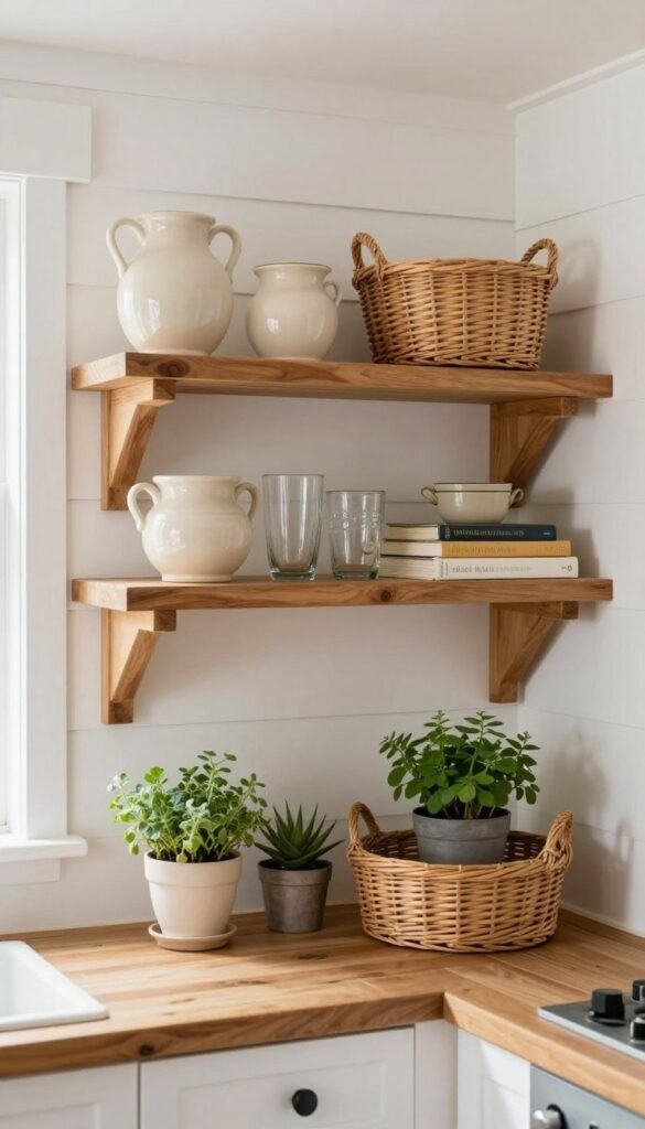 Tiny cottage kitchen with open wooden shelves displaying pottery, baskets, cookbooks, and country cottage accessories