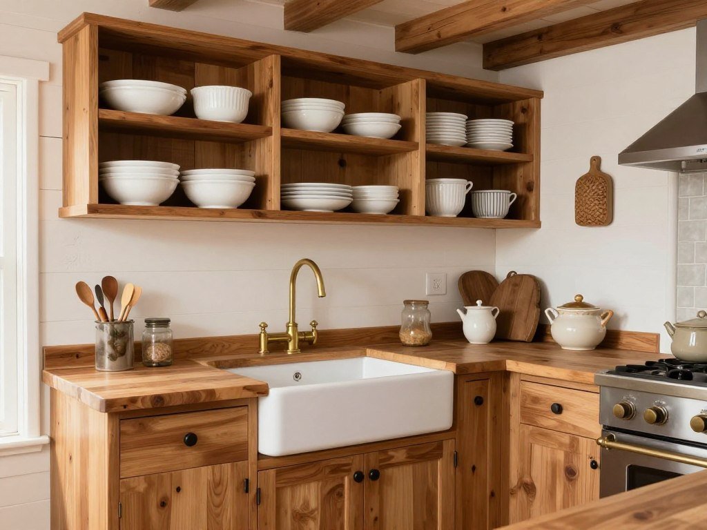 Tiny cottage kitchen with open wooden shelves, farmhouse sink, butcher block countertops, pottery, and vintage accessories
