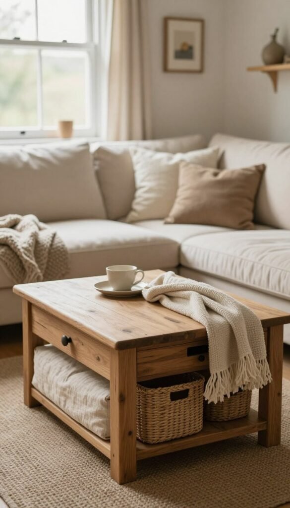 Tiny cottage living room with a storage ottoman, farmhouse coffee table, woven baskets, and cozy layered textiles