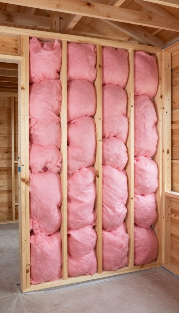 Tiny home shed walls being insulated before interior finishes are installed