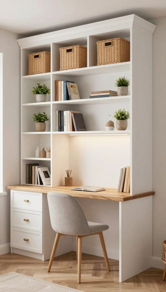 Tiny house built-in office nook with floor-to-ceiling shelving, wood desktop, drawers, baskets, and warm cottage-inspired decor