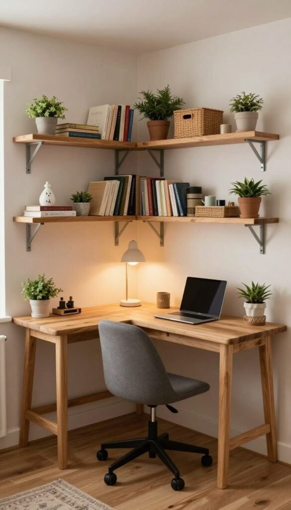 Tiny house corner workspace with an L-shaped wooden desk, floating shelves, compact office chair, woven storage baskets, and cozy cottage decor