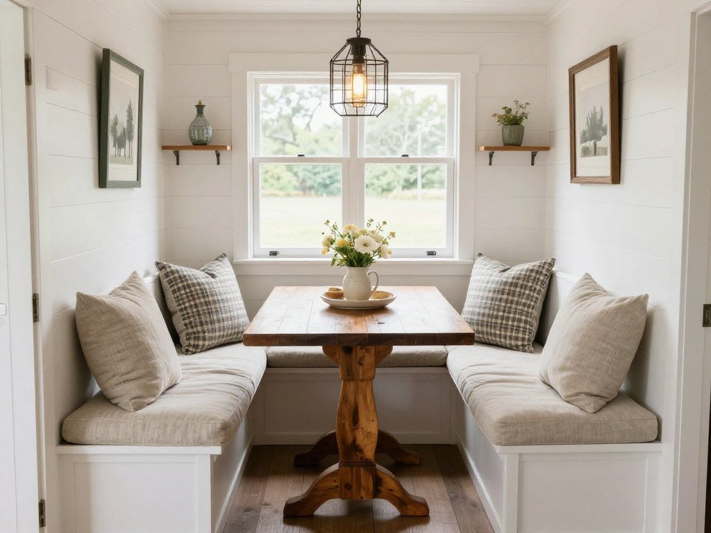 Tiny house cottage dining nook with built-in bench seating, farmhouse table, linen cushions, and warm country decor