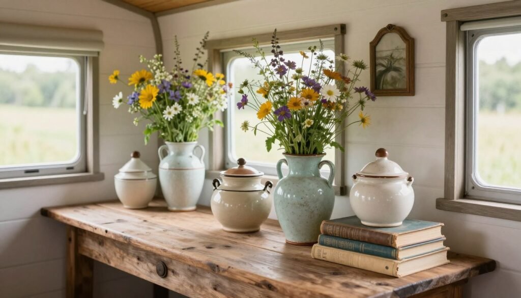 Tiny house cottage interior decorated with vintage pottery, fresh flowers, antique books, and rustic wooden furniture