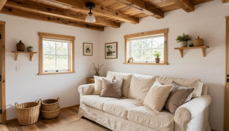 Tiny house cottage interior ideas featuring whitewashed living room with exposed timber beams and linen sofa
