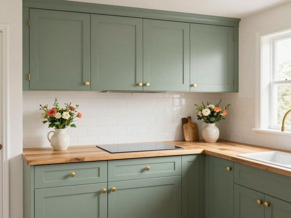 Tiny house kitchen with sage green cabinets, brass hardware, butcher block counters, and cosy cottage decor