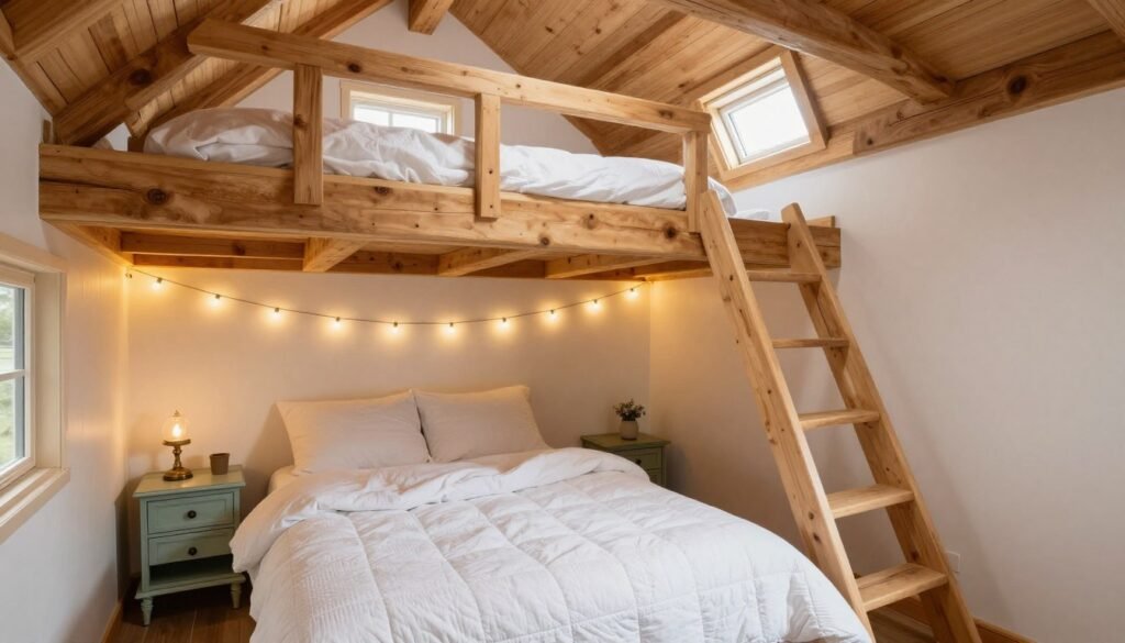 Tiny house loft bedroom with exposed beams, white bedding, warm lighting, quilts, and country cottage charm