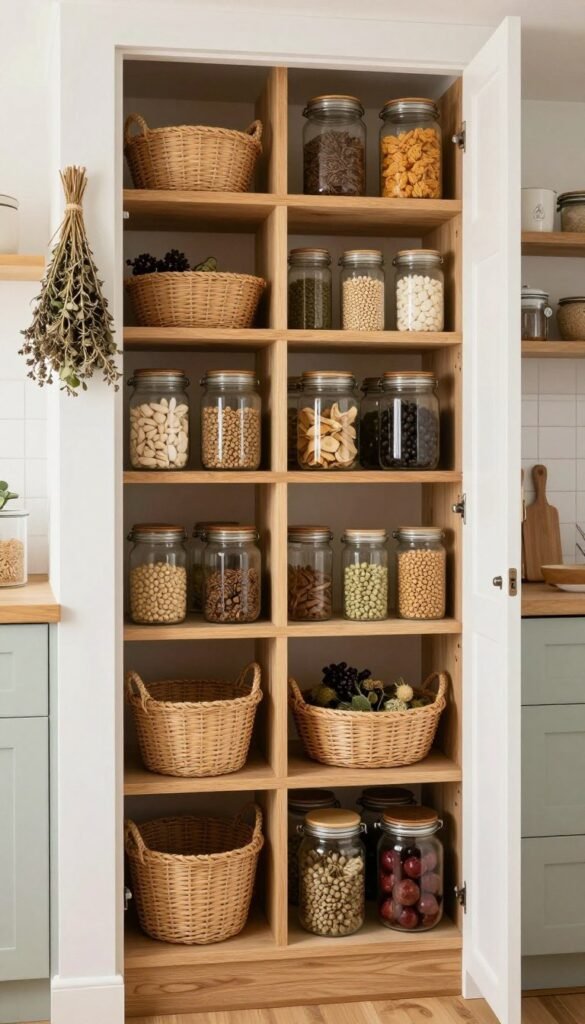 Tiny house open pantry with wooden shelves, glass jars, woven baskets, dried herbs, and cottage kitchen styling