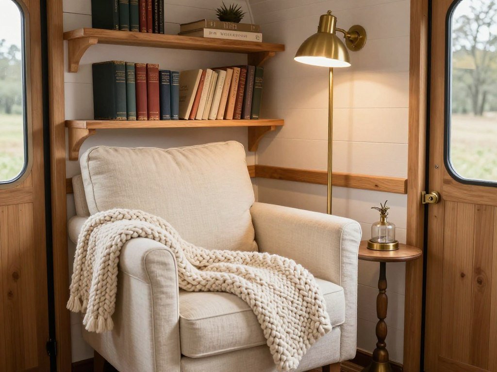 Tiny house reading nook with upholstered armchair, knitted throw, bookshelf, floor lamp, and cosy cottage decor