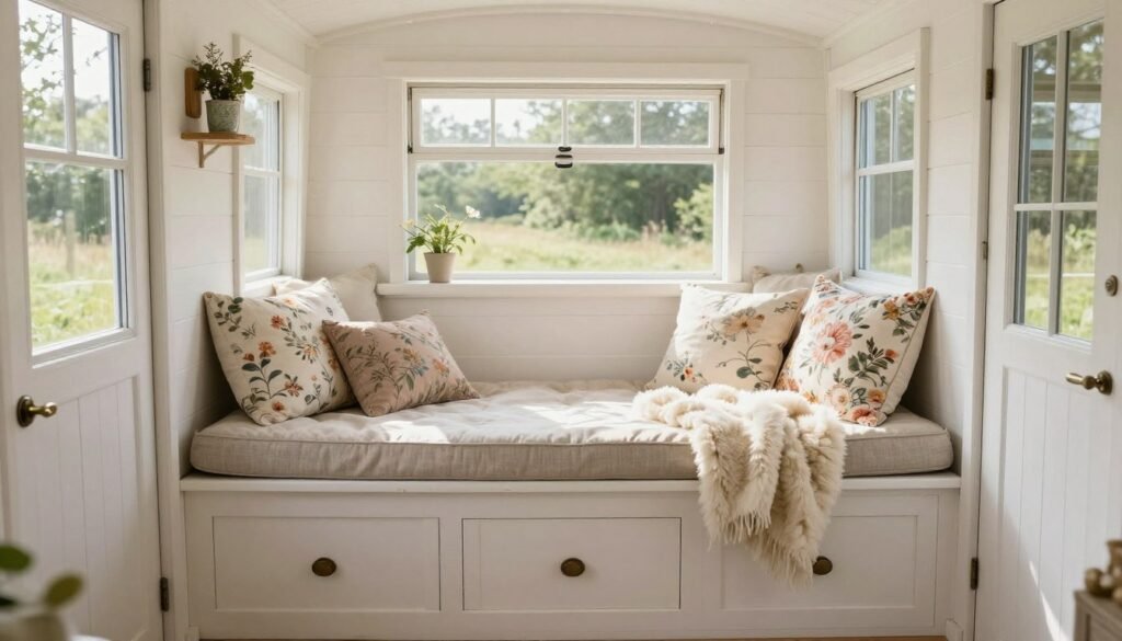 Tiny house window seat with built-in storage drawers, floral cushions, soft throws, and cosy cottage styling
