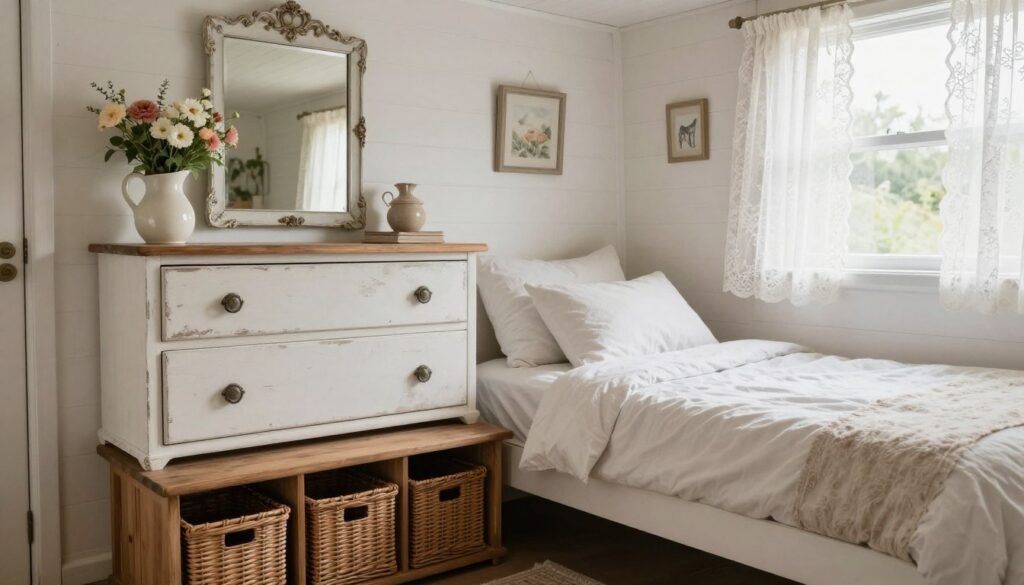 Tiny house with distressed antique dresser, vintage storage bench, wicker baskets, and shabby chic decor