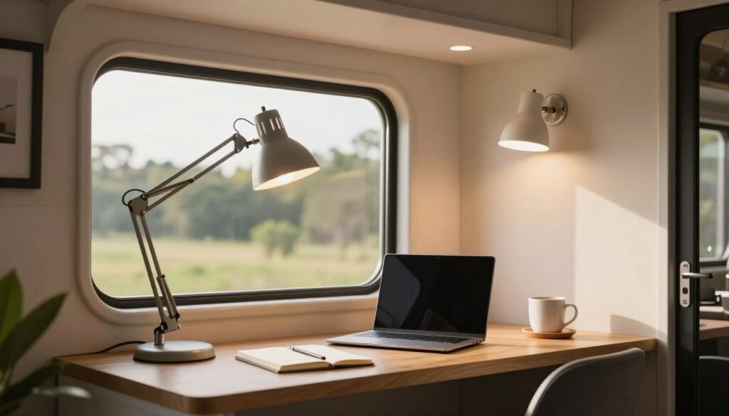 Tiny house workspace lighting setup with natural window light, an adjustable desk lamp, and soft ambient lighting