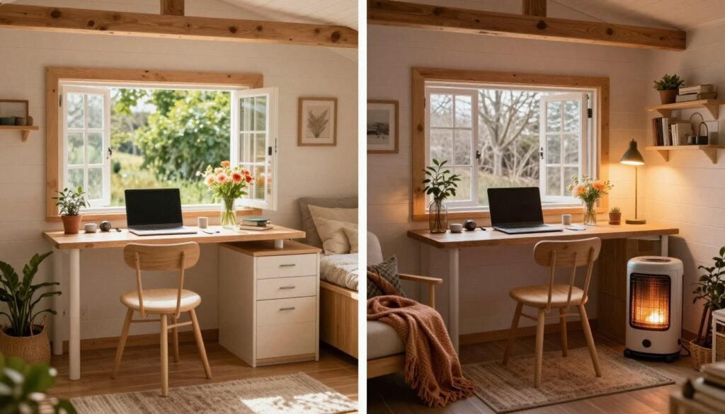 Tiny house workspace adapted for different seasons with changing natural light, soft textiles, and adjustable lighting